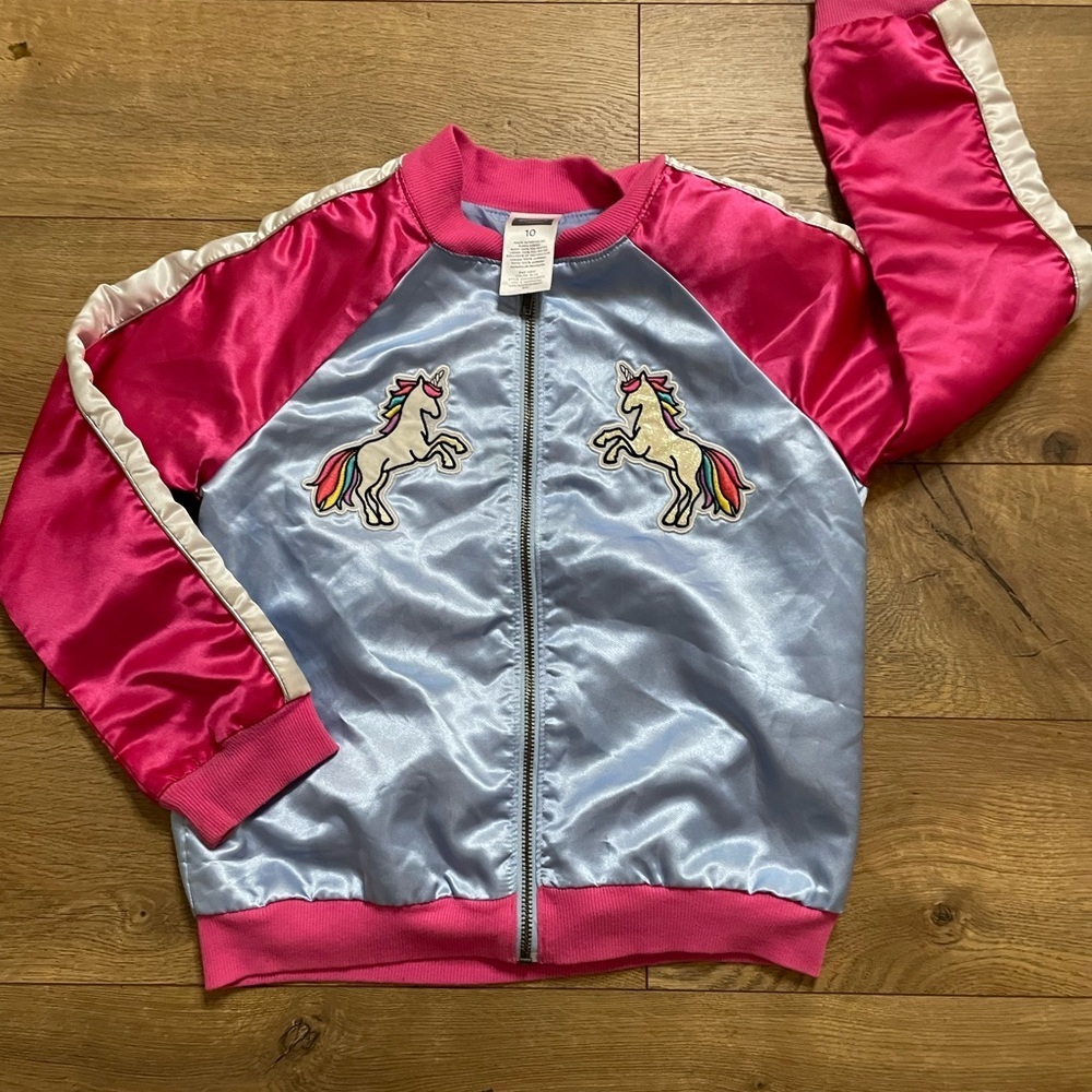 Unicorn Satin with Pink and Blue Accents Bomber Jacket - Picture 9 of 9